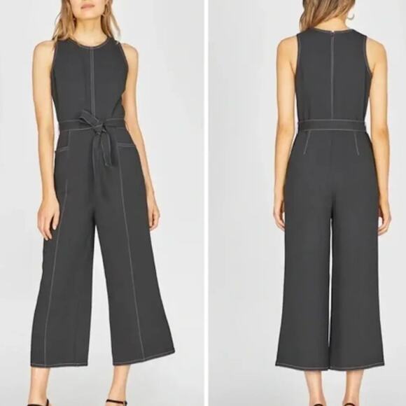 Greylin Isla Jumpsuit LARGE Contrast Stitching Crop Wide Leg Belted Crepe Tie - Picture 1 of 11